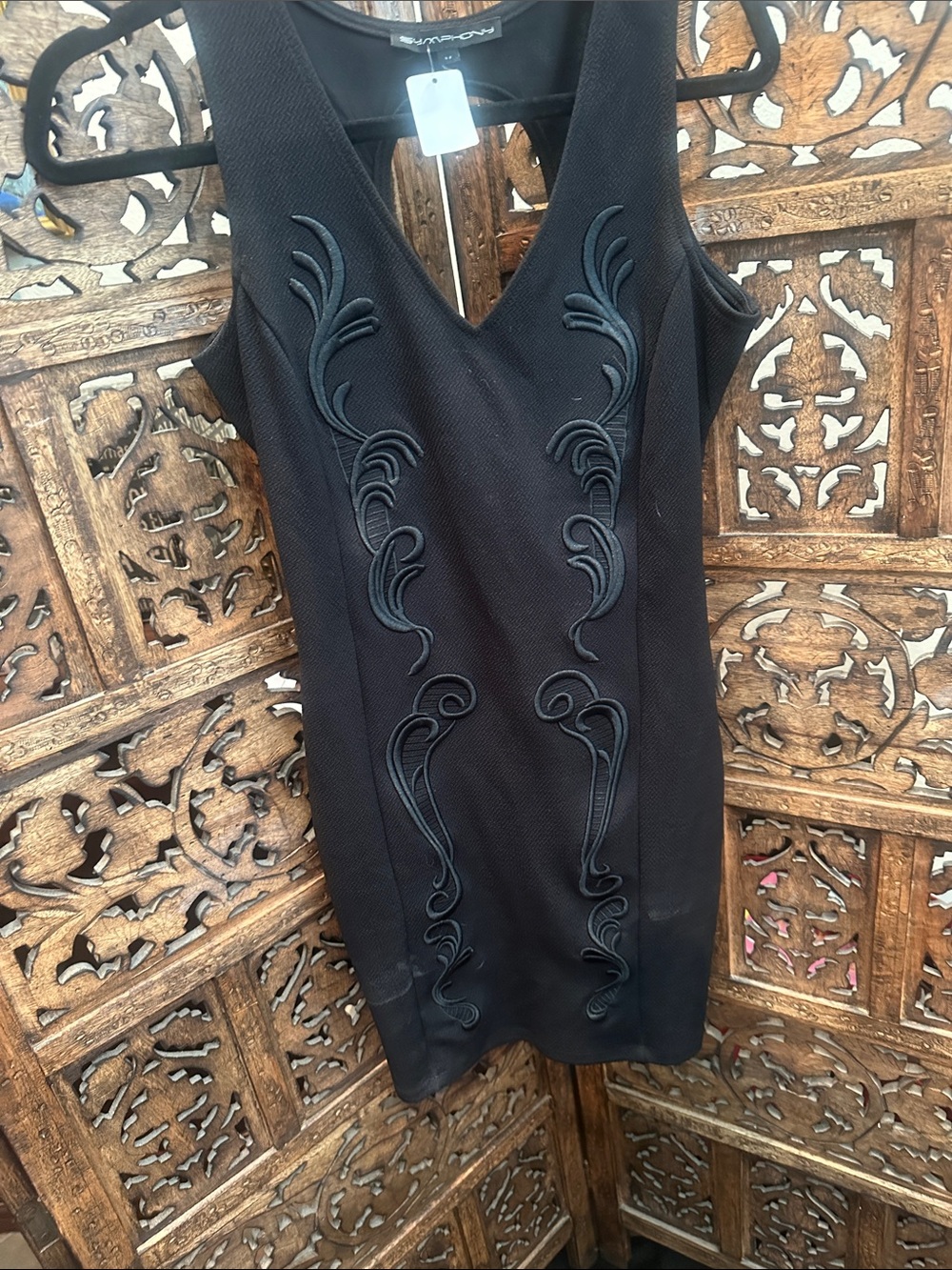 Symphony Black Embroidered V-Neck Mini Dress